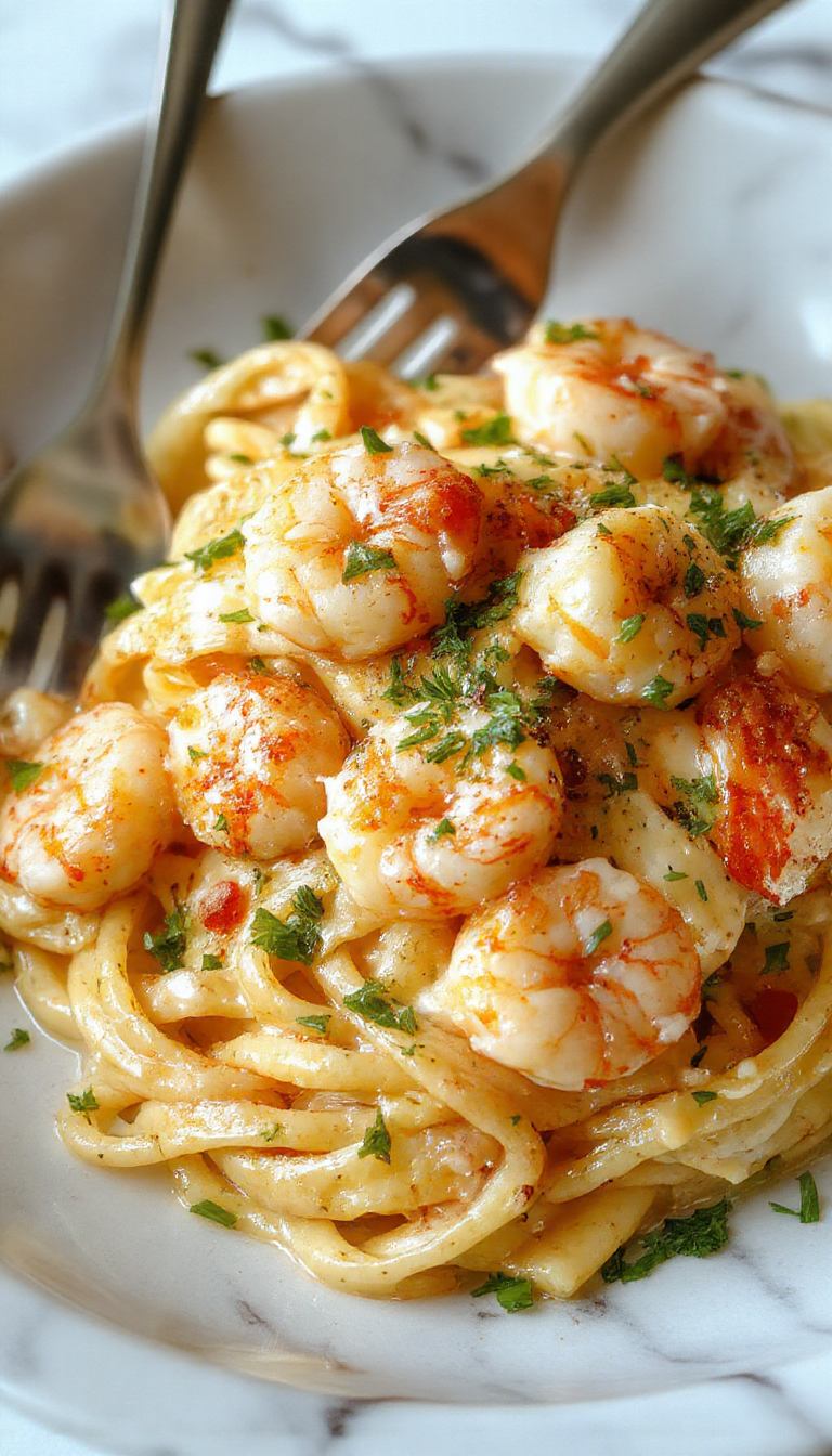 A plate of creamy garlic shrimp pasta garnished with parsley on a wooden table