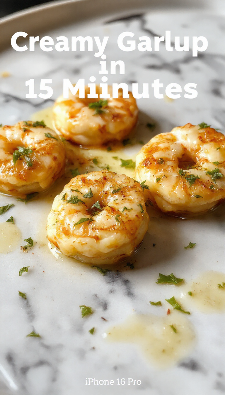 A vibrant plate of creamy garlic shrimp showcases tender, golden shrimp coated in a rich, velvety white sauce with flecks of fresh herbs, served on a white plate with a sprig of parsley for garnish. The dish is styled simply with a rustic wooden background, highlighting the glossy textures and aromatic garlic pieces ready to be enjoyed.