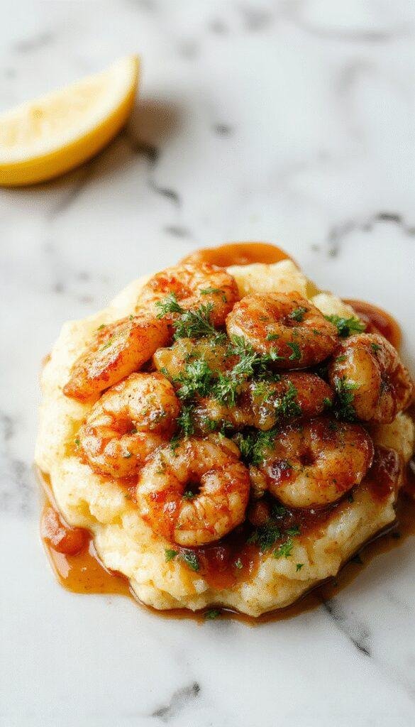 A close-up of a white plate featuring creamy garlic shrimp arranged on a bed of smooth mashed potatoes, garnished with chopped parsley. The vibrant toasted garlic slices and buttery sauce glisten under soft lighting, with a light sprinkle of paprika and freshly chopped herbs adding color contrast. The background hints at a rustic wooden table with a simple linen cloth for an inviting presentation.