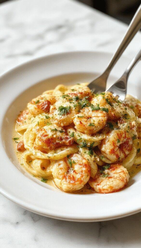 A vibrant plate of creamy garlic shrimp pasta featuring plump pink shrimp and al dente pasta coated in a rich, creamy white sauce with visible garlic bits, garnished with fresh parsley and a wedge of lemon on a rustic wooden table.
