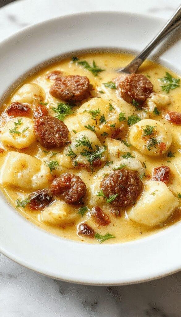 A steaming bowl of creamy Italian sausage gnocchi soup garnished with fresh herbs, featuring tender gnocchi, slices of Italian sausage, vibrant green spinach, and a rich, velvety broth, styled with a rustic ceramic bowl on a wooden table.