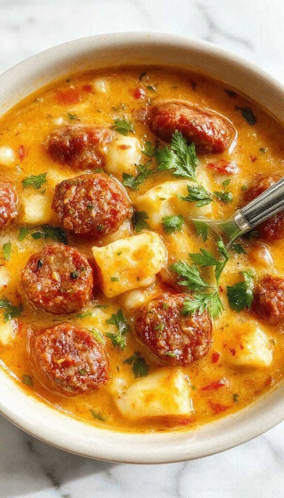 A steaming bowl of creamy Italian sausage gnocchi soup garnished with fresh herbs, showcasing tender gnocchi, browned sausage, and vibrant greens in a rustic bowl against a cozy kitchen backdrop.