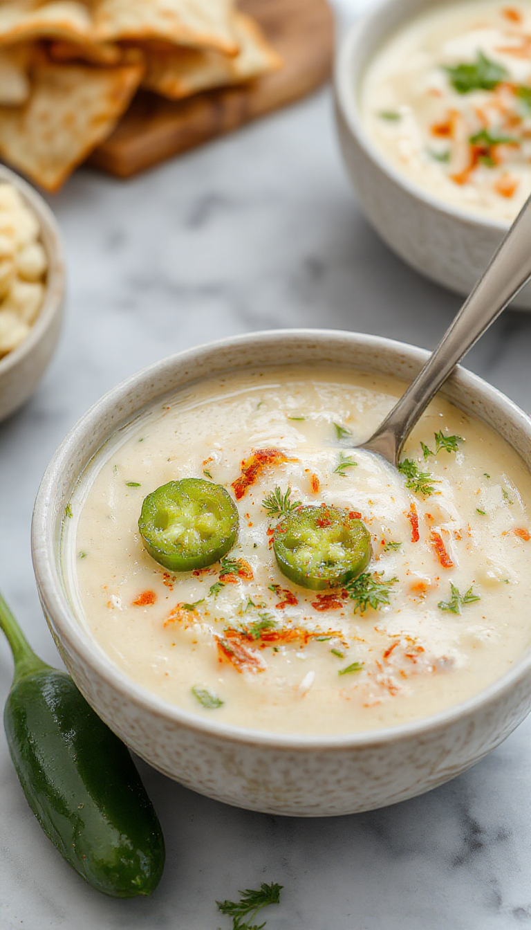 A vibrant bowl of jalapeno popper soup featuring bright green jalapenos, crispy bacon bits on top, melted cheese, and fresh chives, all in a rustic white bowl on a wooden table, with a spoon resting beside it, contrasting textures and warm colors inviting comfort and heat.