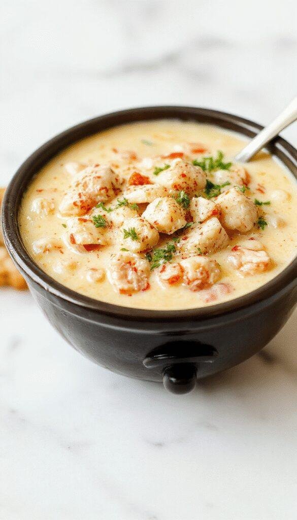 A rustic white ceramic bowl filled with creamy white chicken chili garnished with fresh cilantro, topped with melting cream cheese chunks, surrounded by slices of crusty bread and a colorful fall tablecloth in warm orange and brown tones