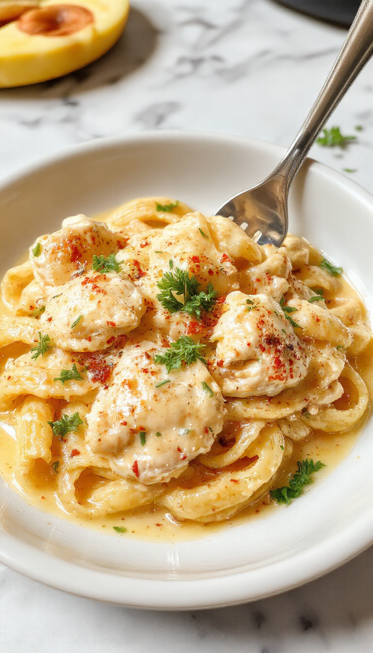 A vibrant plate of creamy Marry Me Chicken Pasta featuring tender chicken breasts in a rich, velvety sauce, garnished with fresh herbs and sprinkled with Parmesan, served on white ceramic with a rustic wood background, highlighting its luscious textures and appetizing colors.