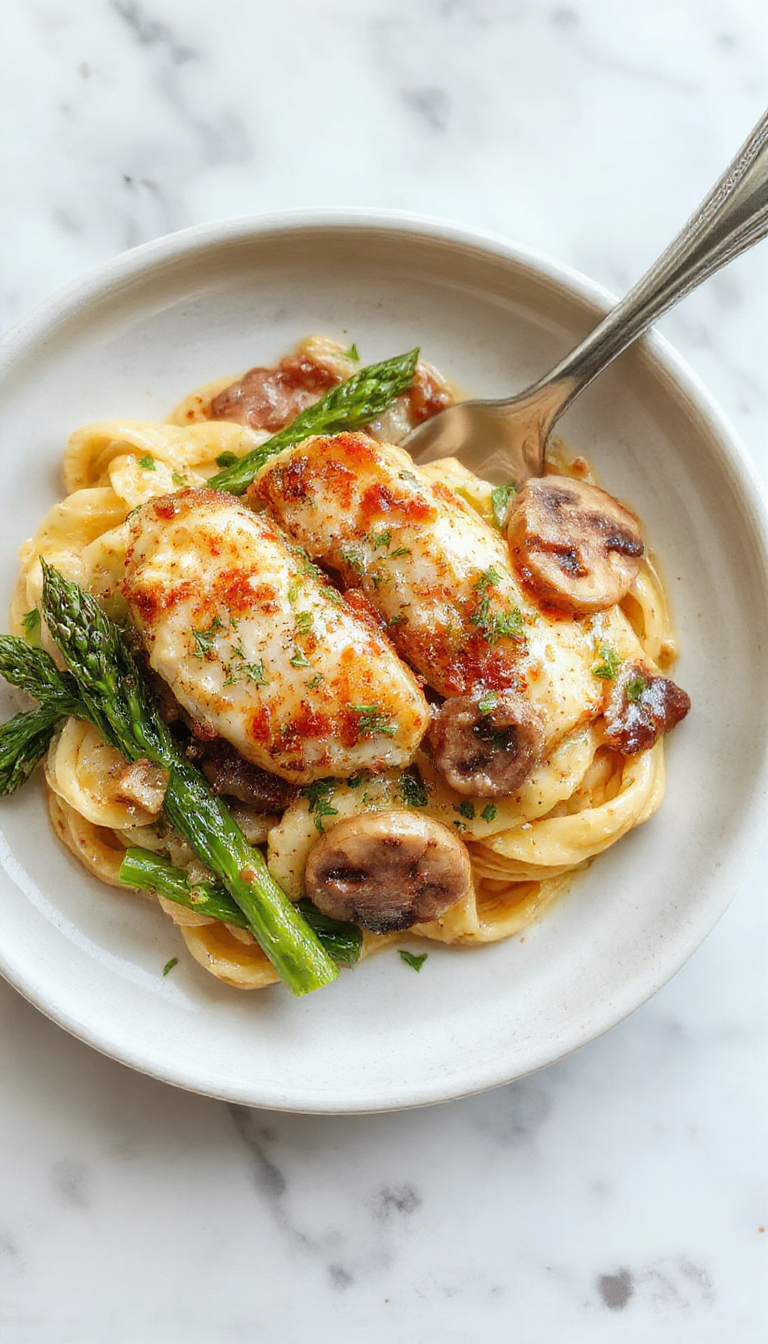 A vibrant plate featuring al dente penne pasta coated in a creamy white sauce, topped with sautéed sliced mushrooms, tender asparagus spears, and chunks of golden-brown chicken, garnished with fresh herbs and grated cheese, styled on a rustic white plate against a blurred background with fresh ingredients nearby.