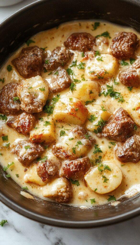 Colorful meat and potato skillet served on a rustic wooden platter, featuring golden browned potatoes, tender chunks of meat coated in a creamy sauce, garnished with fresh herbs, and styled with a sprinkle of black pepper and chopped parsley, all appealingly presented in a warm, inviting kitchen setting with natural lighting.