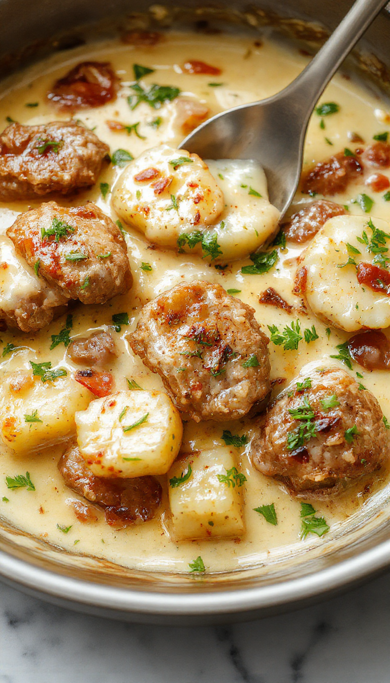 Colorful meat and potato skillet featuring golden-brown seared meat, creamy sauce coating tender potatoes, garnished with fresh herbs, served in a rustic skillet with a vibrant backdrop of cooking spices