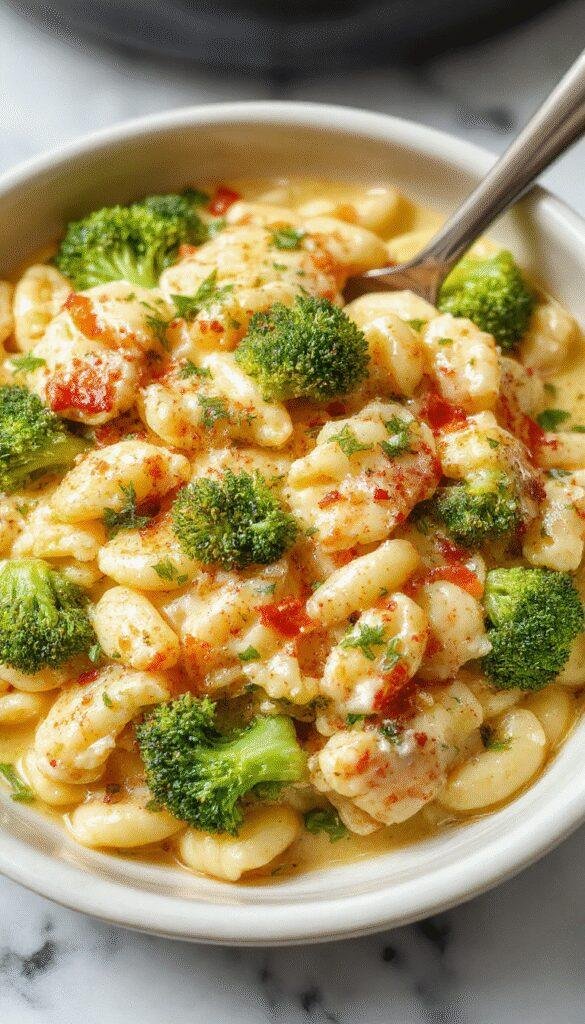 A vibrant plate of creamy broccoli cheddar orzo sitting atop a rustic wooden table. The dish features tender, al dente orzo coated in a rich, cheesy sauce with bright green broccoli florets evenly mixed throughout. The presentation is garnished with a sprinkle of shredded cheddar and fresh parsley, with a smooth, creamy texture visible on the surface. The background includes a cozy kitchen setting with warm lighting highlighting the inviting appeal of this comforting meal.