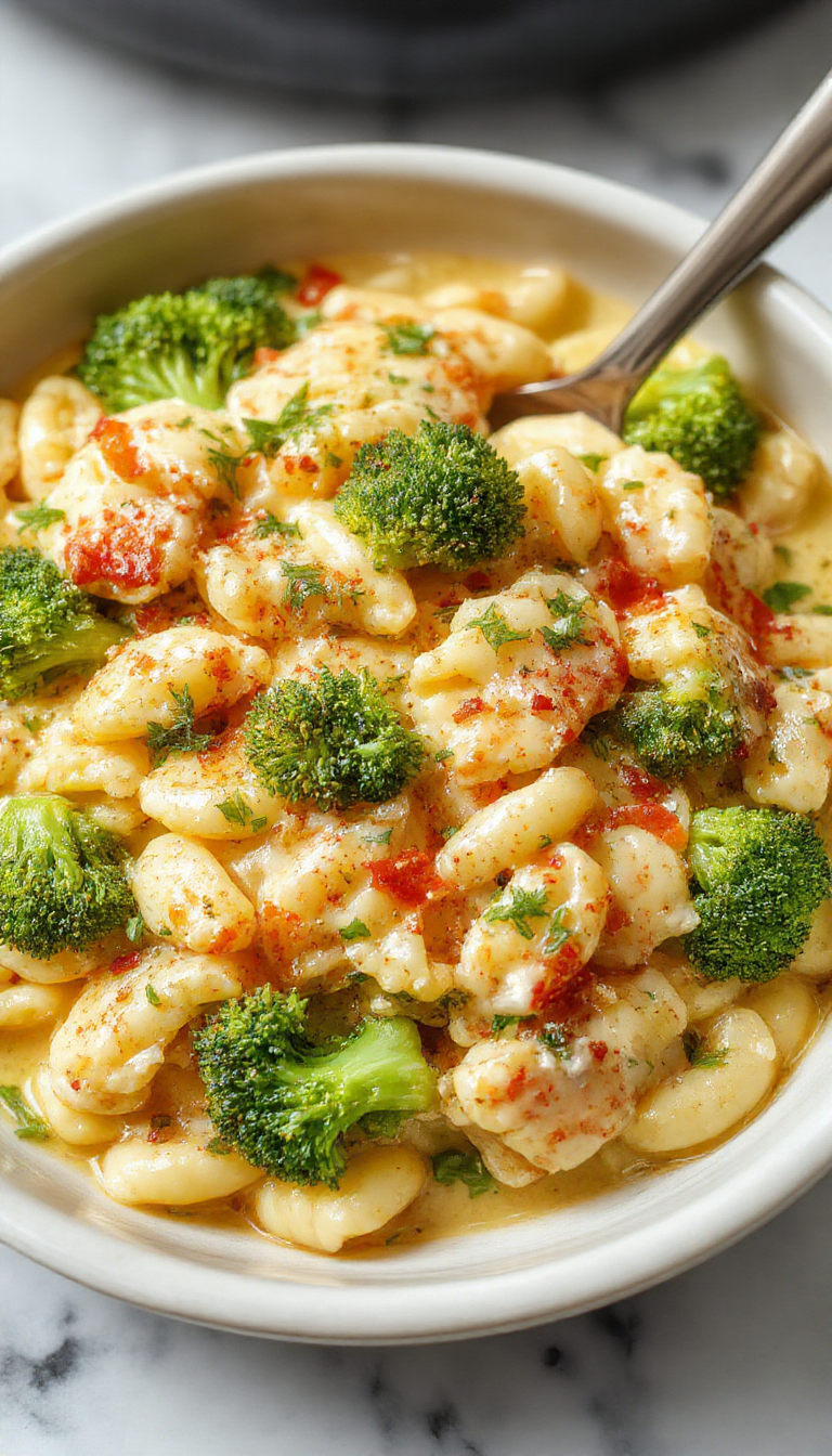 A vibrant plate of creamy broccoli cheddar orzo sitting atop a rustic wooden table. The dish features tender, al dente orzo coated in a rich, cheesy sauce with bright green broccoli florets evenly mixed throughout. The presentation is garnished with a sprinkle of shredded cheddar and fresh parsley, with a smooth, creamy texture visible on the surface. The background includes a cozy kitchen setting with warm lighting highlighting the inviting appeal of this comforting meal.