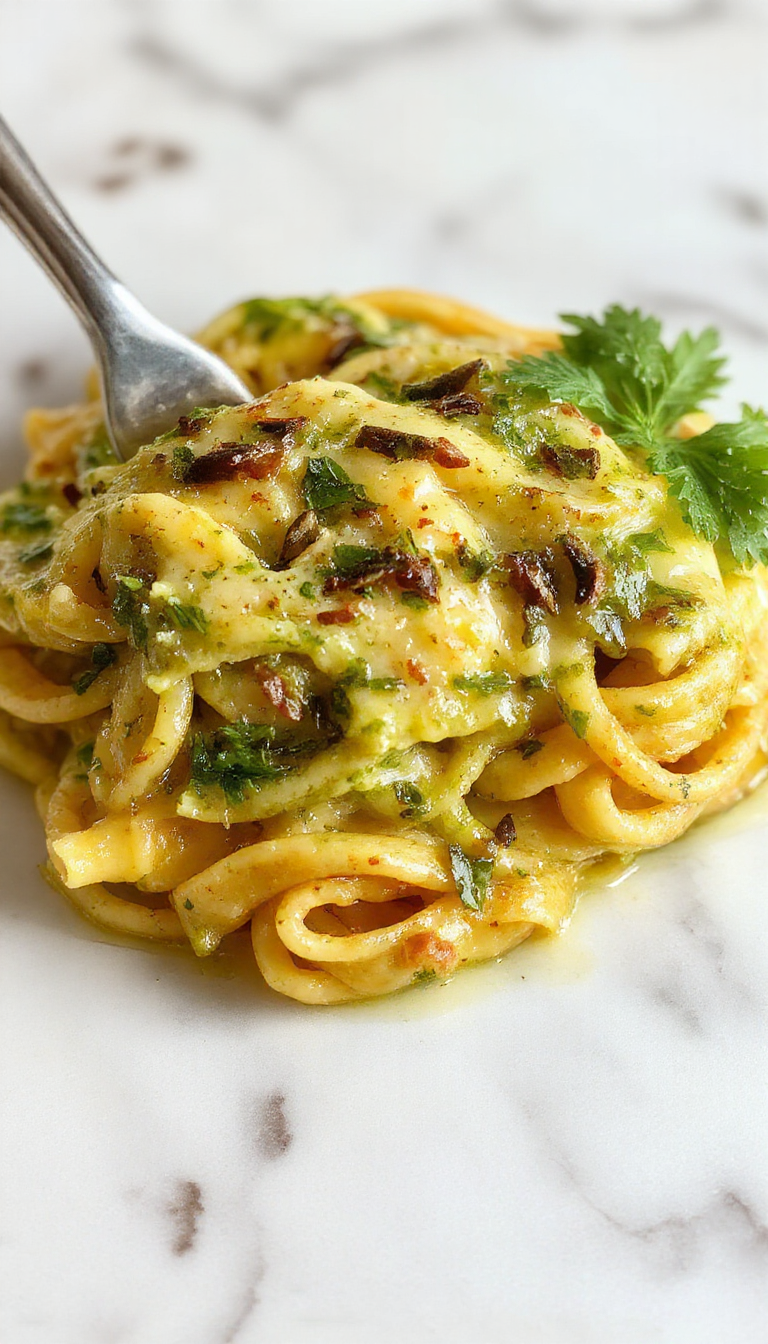 A close-up of a vibrant bowl of creamy pesto pasta on a rustic wooden table, topped with fresh basil leaves and grated Parmesan, with a swirl of sauce showcasing its rich texture and bright green color.