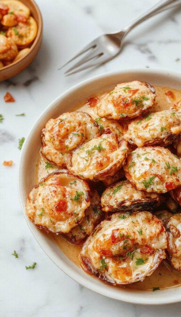 A close-up of a vibrant plate of creamy seafood stuffed shells featuring large pasta shells generously filled with seafood mixture, topped with melted cheese and chopped herbs. The dish showcases a creamy sauce with hints of seafood, served on a rustic white plate garnished with fresh parsley, with a golden-brown baked finish and a colorful background highlighting fresh ingredients.