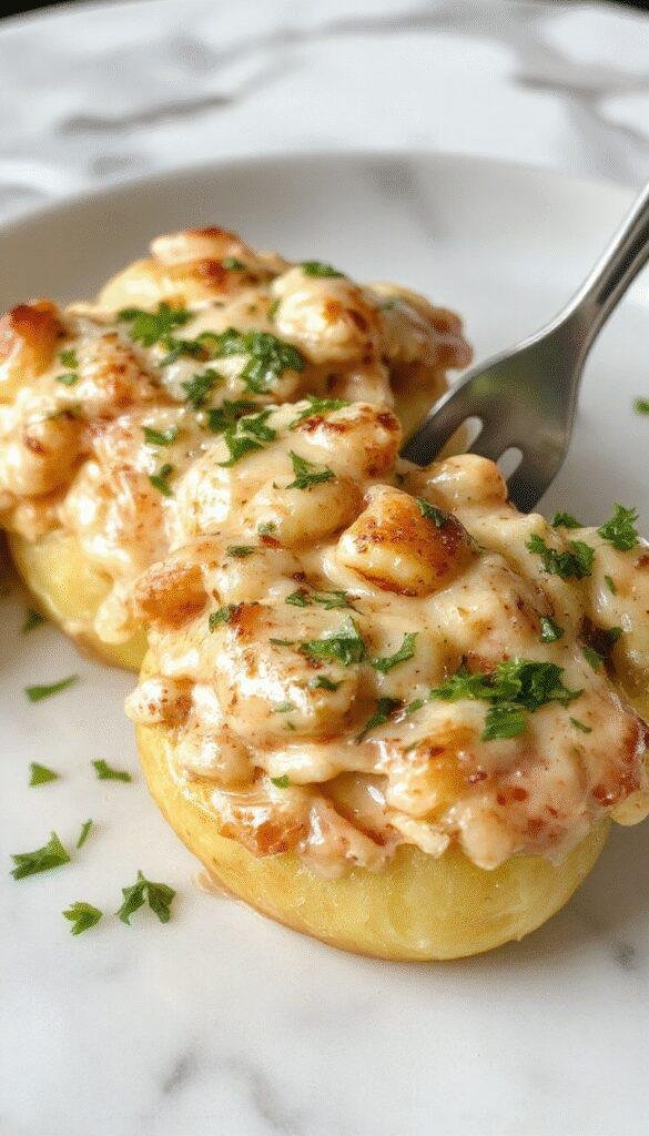 A close-up of creamy seafood stuffed shells on a white plate, topped with melted cheese and chopped herbs. The shells are golden brown, showcasing their smooth, tender texture, with a rich seafood filling inside. The dish is garnished with fresh parsley and served against a rustic wooden background, evoking a warm and inviting atmosphere.