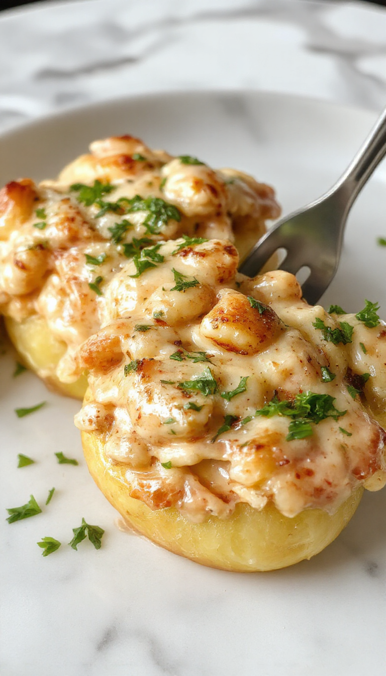 A close-up of creamy seafood stuffed shells on a white plate, topped with melted cheese and chopped herbs. The shells are golden brown, showcasing their smooth, tender texture, with a rich seafood filling inside. The dish is garnished with fresh parsley and served against a rustic wooden background, evoking a warm and inviting atmosphere.