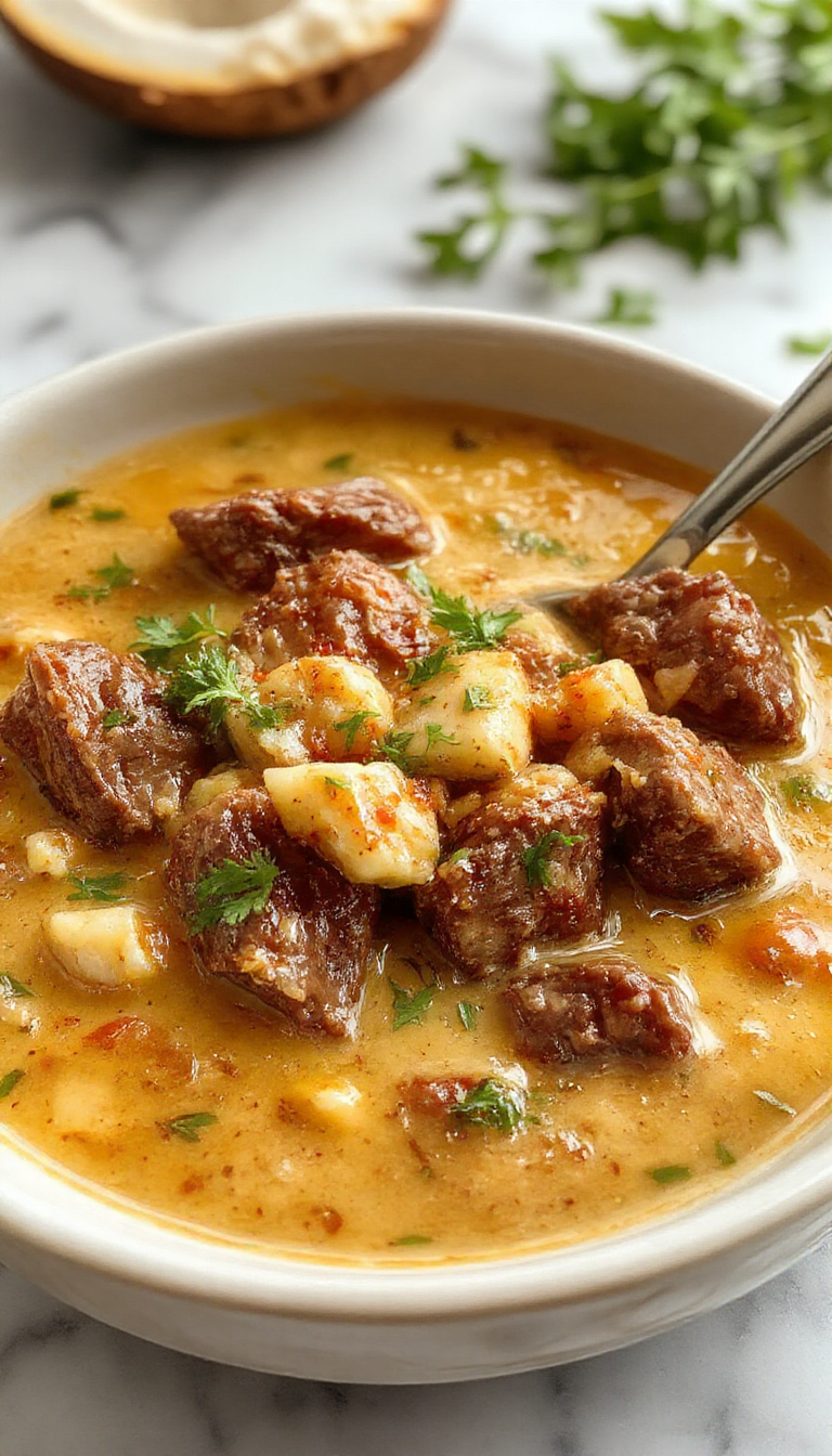 A vibrant bowl of beef coconut curry displayed on a rustic wooden table with a creamy coconut sauce, tender beef chunks, and colorful vegetables garnished with fresh herbs, styled with a side of jasmine rice and a spoon, emphasizing rich textures and warm colors