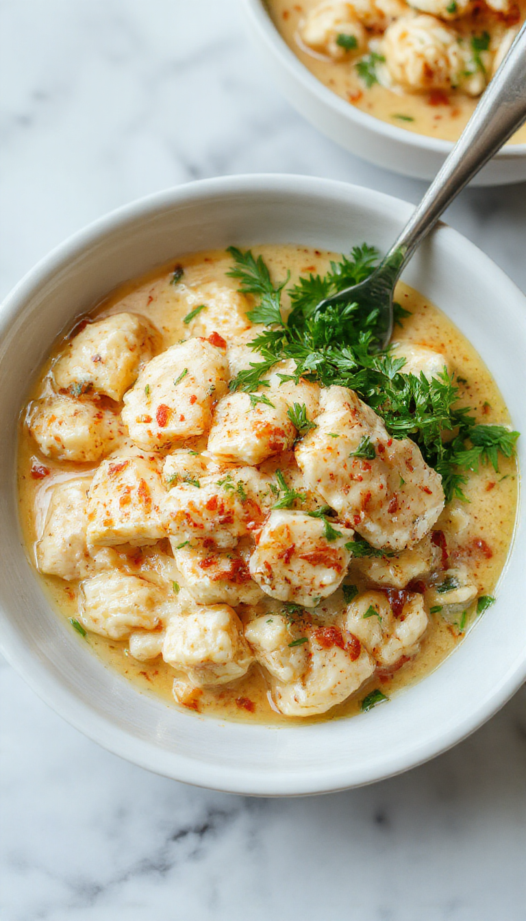 A vibrant plate of creamy smothered chicken resting atop fluffy rice, topped with melted cheese, fresh herbs, and a drizzle of sauce, plated on a rustic wooden table with colorful vegetables surrounding.