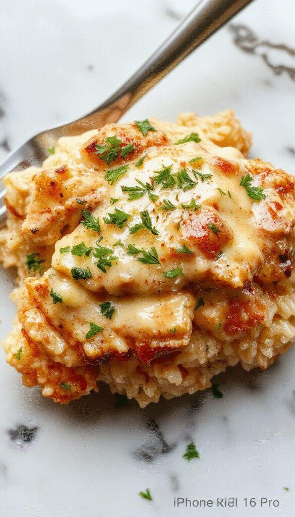 A close-up of a creamy smothered chicken breast topped with rich gravy, surrounded by fluffy rice on a rustic wooden plate lined with fresh herbs, with a drizzle of sauce and a sprinkle of black pepper, showcasing vibrant colors and textures.