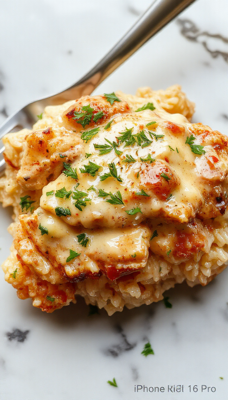 Colorful plate featuring tender, golden-brown smothered chicken topped with creamy sauce, served alongside fluffy rice, garnished with fresh herbs, styled on a rustic wooden table with a neutral background.