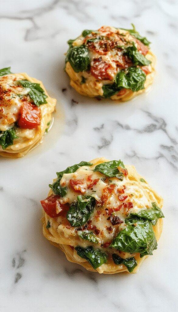 A vibrant plate of creamy spinach and ripe tomato pasta arranged beautifully, garnished with fresh basil and grated cheese, with a rustic wooden background showcasing colorful ingredients.