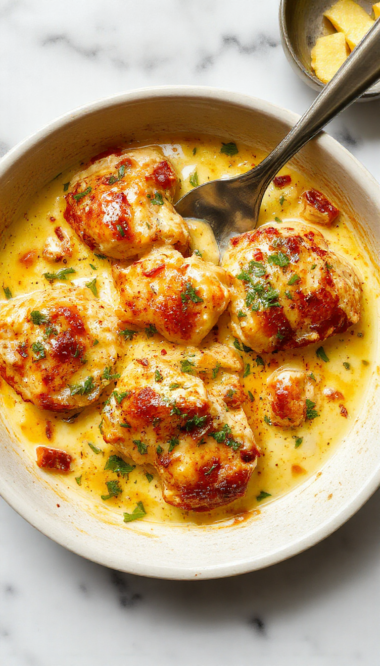 A vibrant dish featuring tender chicken in a rich buttery sauce, garnished with fresh herbs on a rustic skillet, with a side of steamed vegetables and crusty bread in the background, vibrant colors, and appealing textures highlighting the creamy sauce and perfectly cooked chicken.