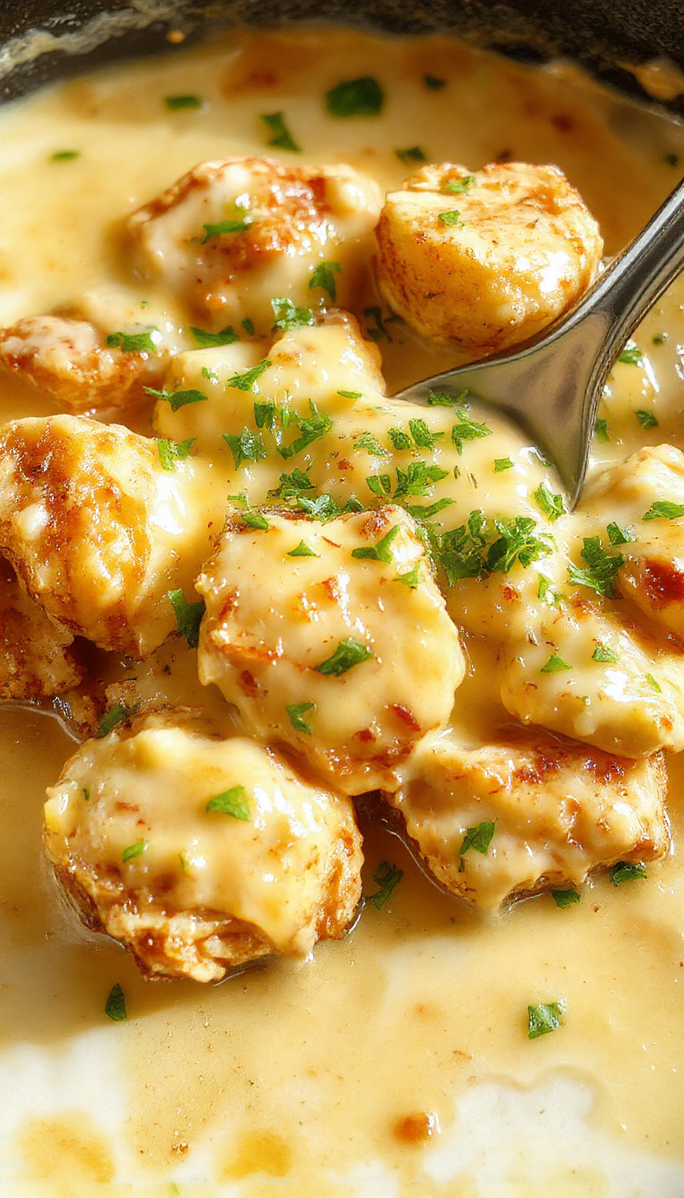 A vibrant skillet filled with tender chicken pieces coated in a rich, creamy butter sauce, garnished with fresh parsley, served alongside warm bread and colorful vegetables, with a glossy finish and inviting presentation.