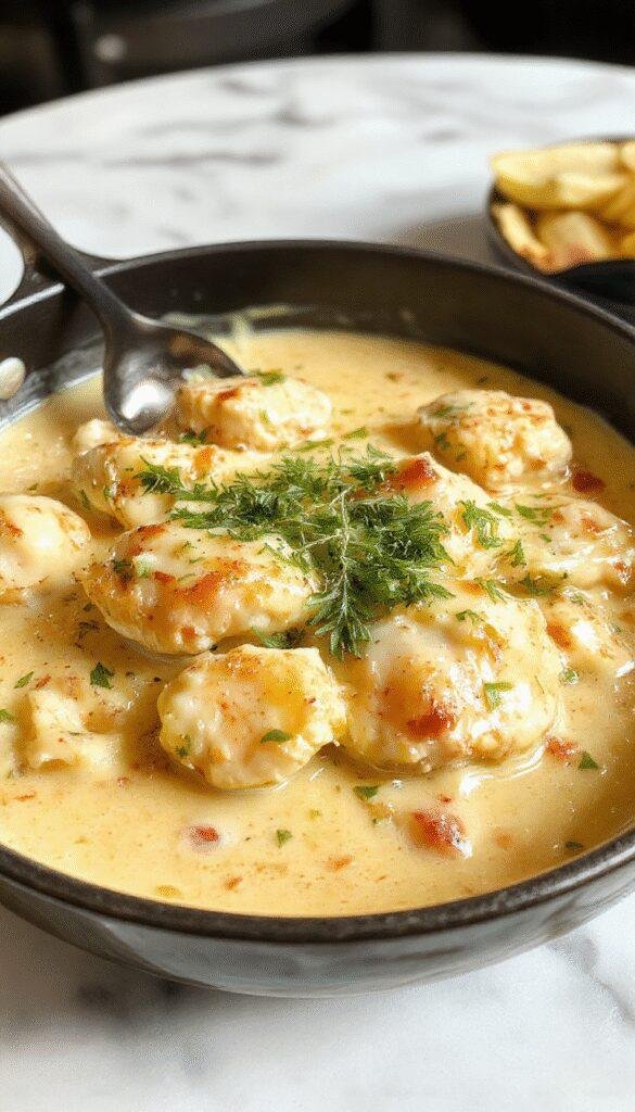A vibrant close-up of a hearty butter chicken skillet featuring golden-brown chicken pieces coated in a rich creamy sauce, garnished with fresh herbs and served in a rustic skillet on a wooden surface, with a side of steamed vegetables and fluffy rice in the background