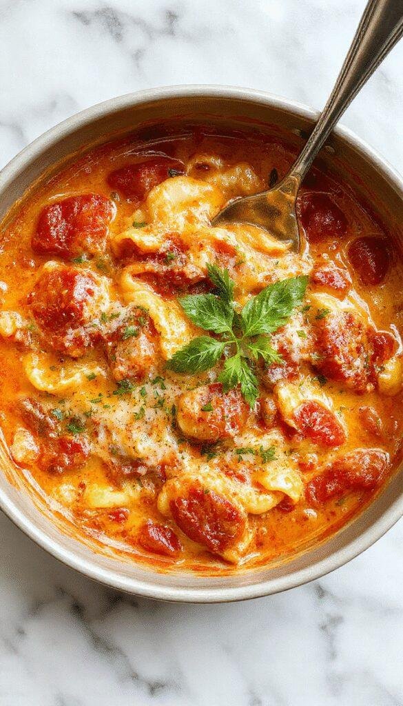 A vibrant plate of creamy tomato pasta on a rustic wooden table, featuring al dente noodles coated in a rich, glossy tomato sauce, topped with fresh basil and grated cheese, with steam gently rising and a background of ingredients and kitchen elements.