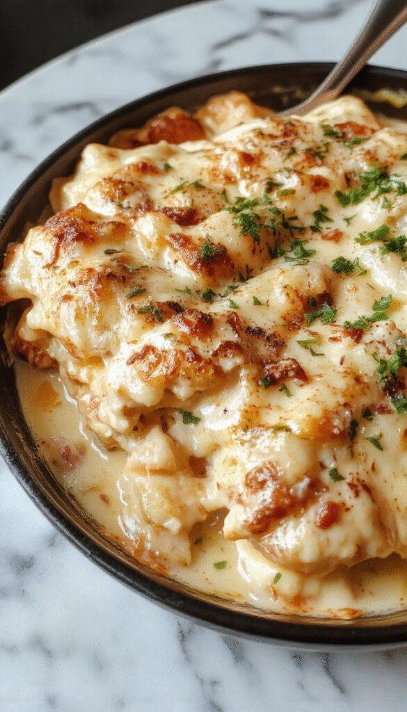 Colorful skillet with creamy white chicken lasagna featuring layers of golden-brown cheese, tender shredded chicken, and rich sauce, garnished with basil and served on a rustic wooden table.