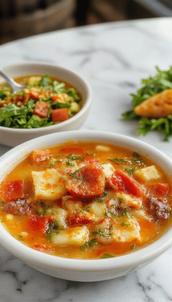 A vibrant bowl of olive garden vegetable soup featuring colorful chopped vegetables like carrots, zucchini, and spinach. The soup is garnished with fresh herbs and served in a rustic white bowl, with a spoon resting on the side. The background shows a cozy kitchen setting with natural lighting, emphasizing the soup's fresh, crisp textures and inviting appearance.