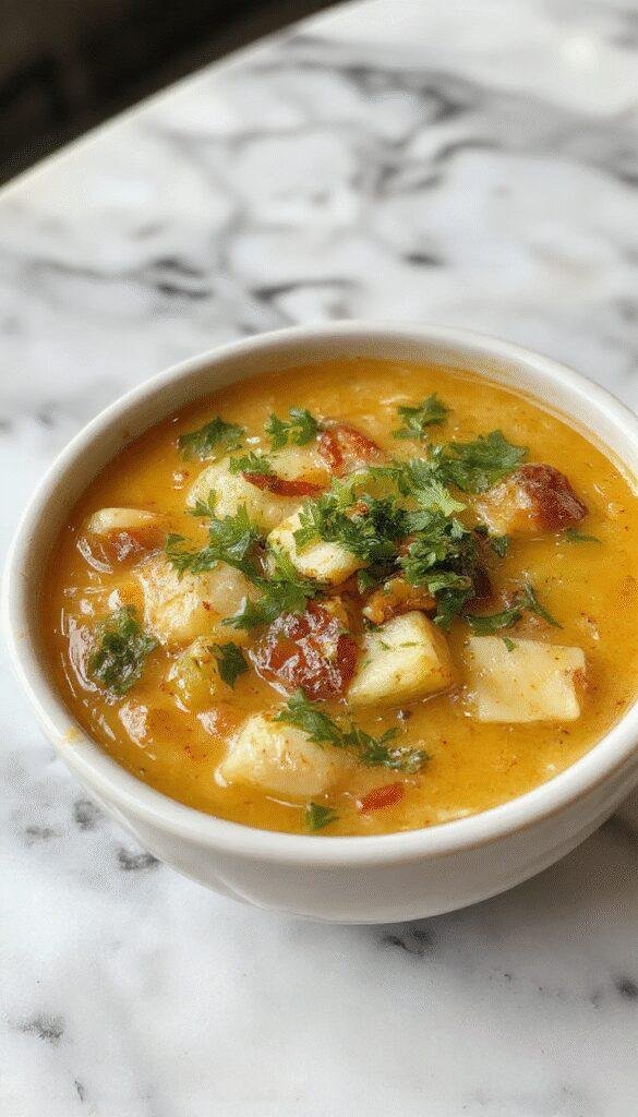A vibrant bowl of vegetable soup featuring colorful diced carrots, celery, zucchini, and tomatoes, garnished with fresh herbs, served in a white bowl on a rustic wooden table, with steam gently rising, conveying freshness and warmth.