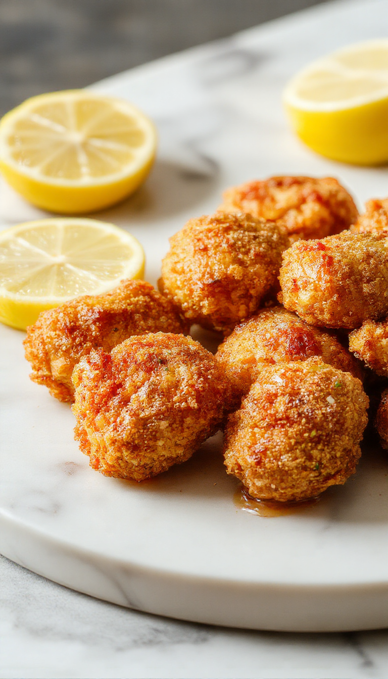 Golden-brown crispy lemon chicken bites arranged on a white plate with lemon wedges and fresh herbs, steaming hot with a crunchy exterior and tender interior, styled with a lemon slice and herbs for a bright and appetizing look