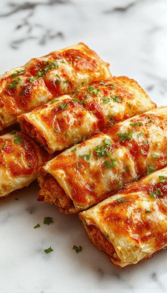 Golden crispy air fryer pizza rolls arranged on a white plate, with melted cheese and pepperoni visible inside, garnished with fresh basil and served on a rustic wooden surface.