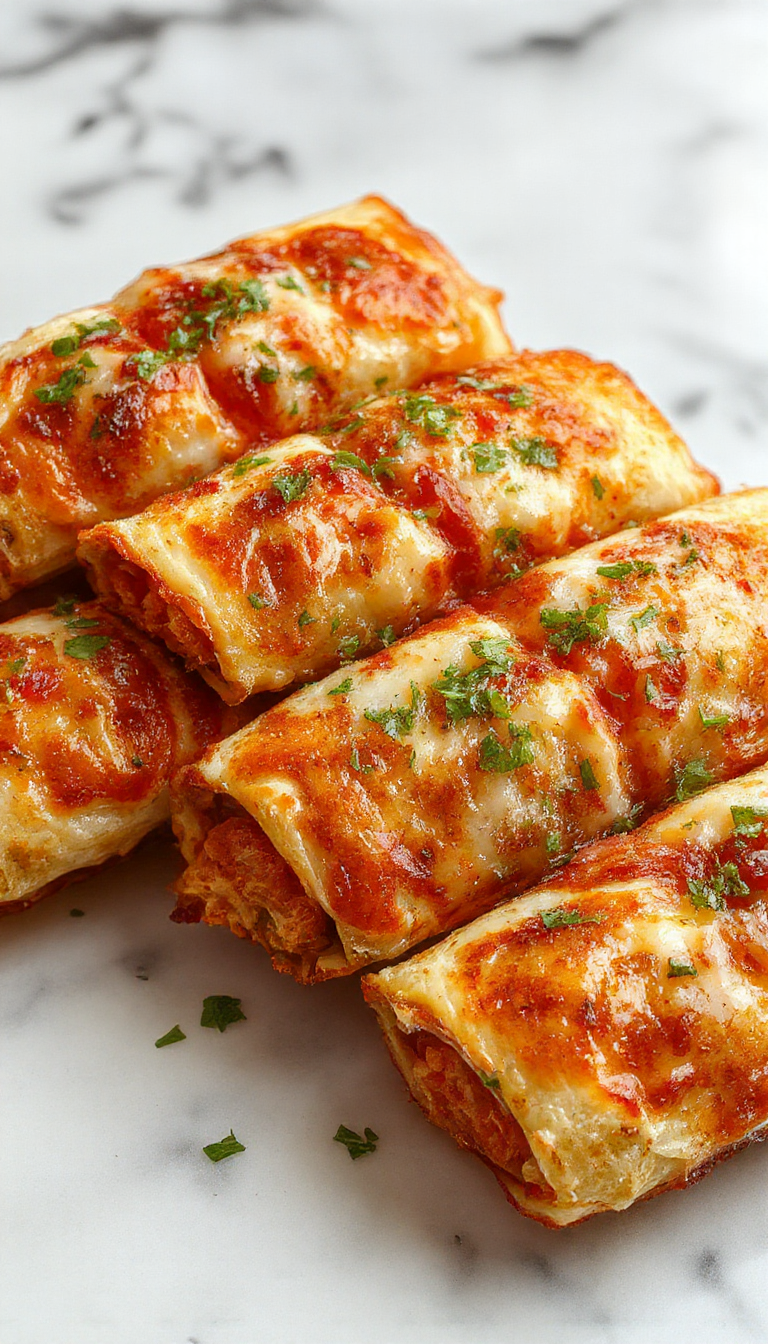 Golden crispy air fryer pizza rolls arranged on a white plate, with melted cheese and pepperoni visible inside, garnished with fresh basil and served on a rustic wooden surface.