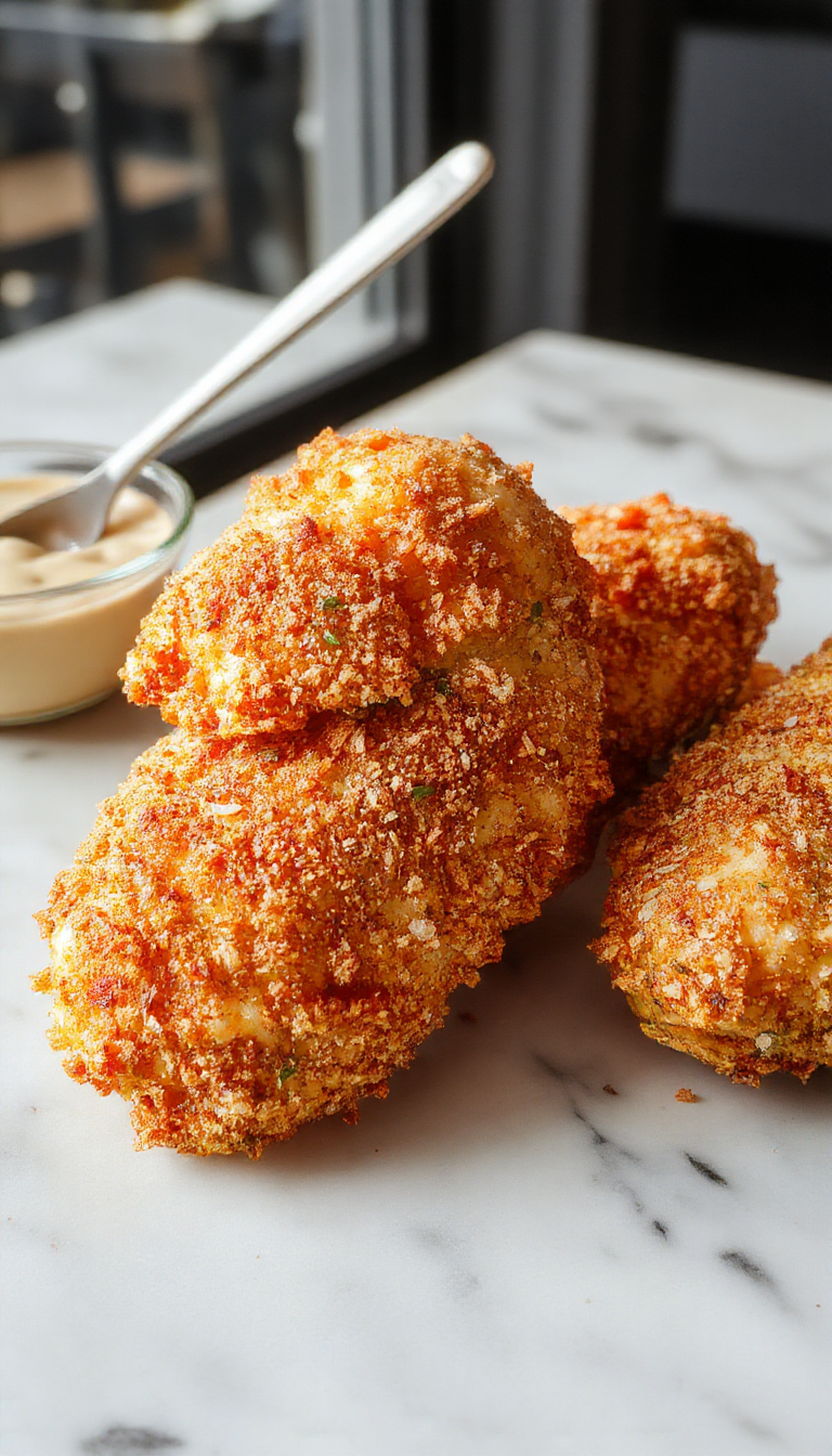 Golden brown crispy baked chicken tenders arranged on a white plate garnished with fresh herbs, showcasing a crunchy texture and tender interior, with a side of dipping sauce and scattered spices for a vibrant, inviting presentation.