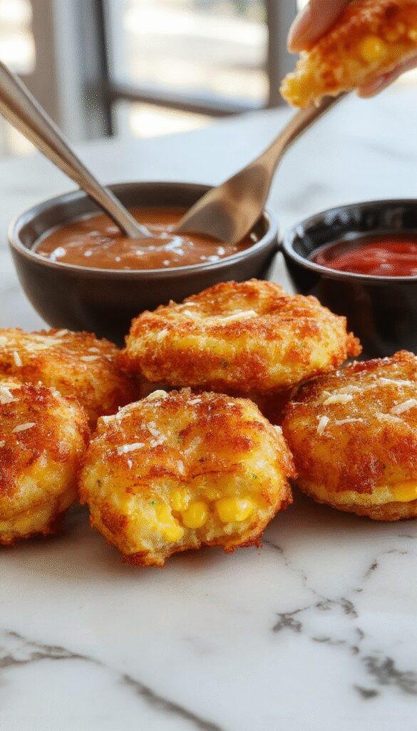 Golden cheese corn fritters sizzling in oil, crispy on the outside with melted cheese and corn kernels inside.