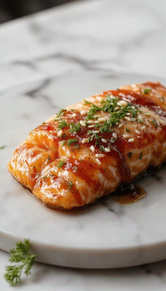 A beautifully plated crispy salmon fillet glazed with shiny honey garlic sauce, garnished with fresh herbs, served on a rustic wooden platter with a vibrant side of steamed vegetables and lemon wedges, showcasing a golden crispy crust and glossy glaze under soft natural lighting.