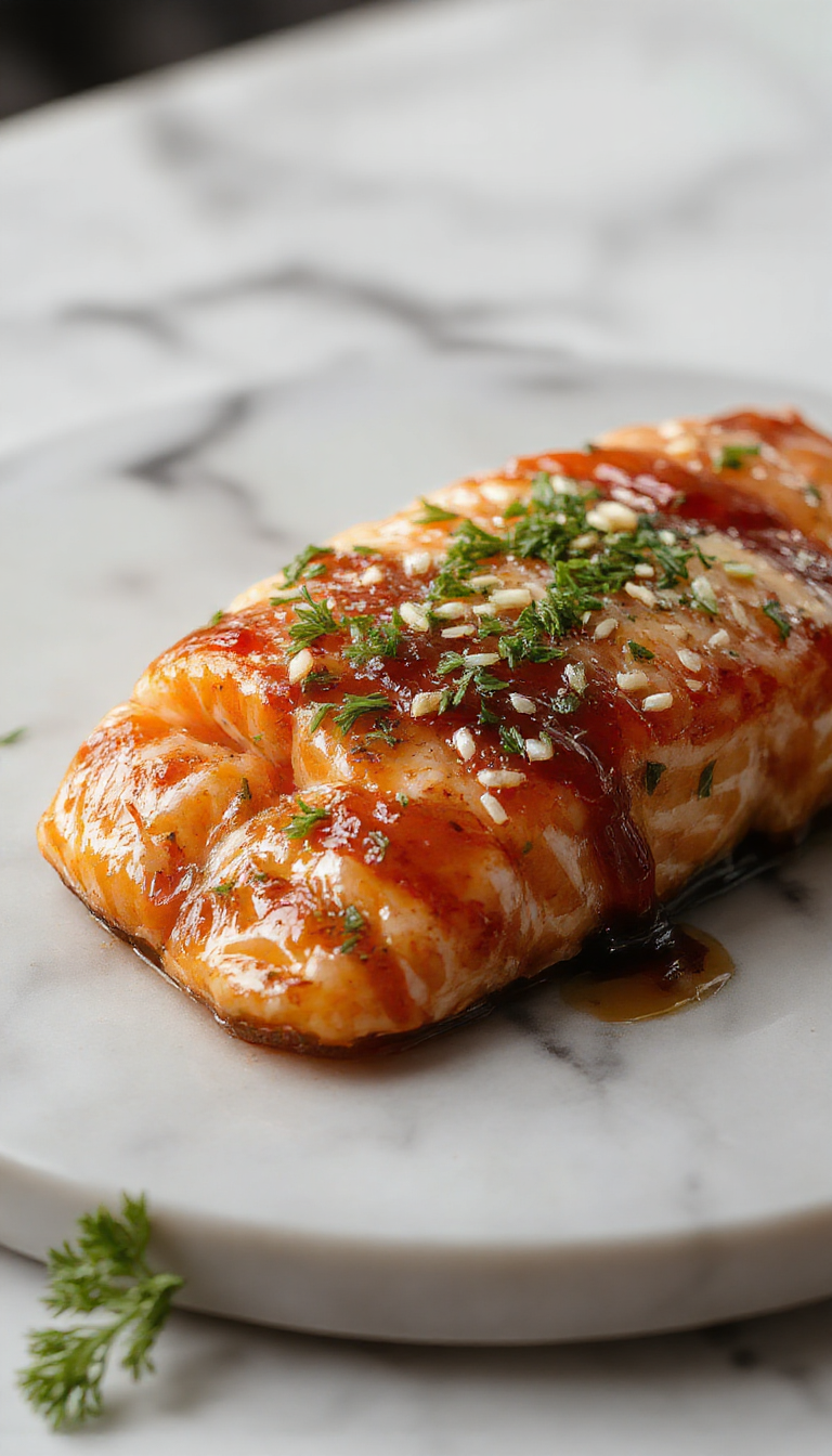 A beautifully plated crispy salmon fillet glazed with shiny honey garlic sauce, garnished with fresh herbs, served on a rustic wooden platter with a vibrant side of steamed vegetables and lemon wedges, showcasing a golden crispy crust and glossy glaze under soft natural lighting.