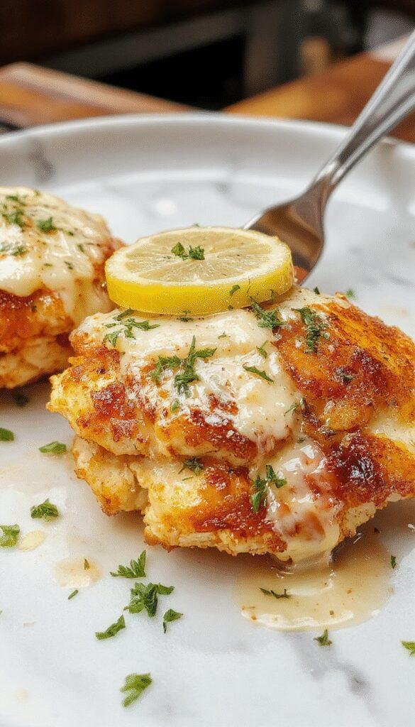 A vibrant plate featuring golden crispy chicken topped with a drizzle of creamy lemon sauce, garnished with lemon wedges and fresh herbs, presented on a rustic wooden table with a side of pecorino cheese shavings and green herbs for contrast.