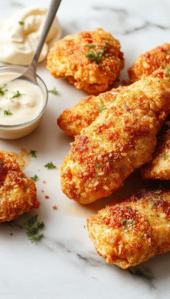 Golden-brown crispy homemade chicken tenders arranged neatly on a stylish plate, garnished with fresh herbs. The tenders are coated with seasoned breadcrumb crust, exhibiting a crunchy texture. The background features a rustic wooden table with dipping sauces, vibrant greens, and a soft natural light highlighting the appetizing crispiness.