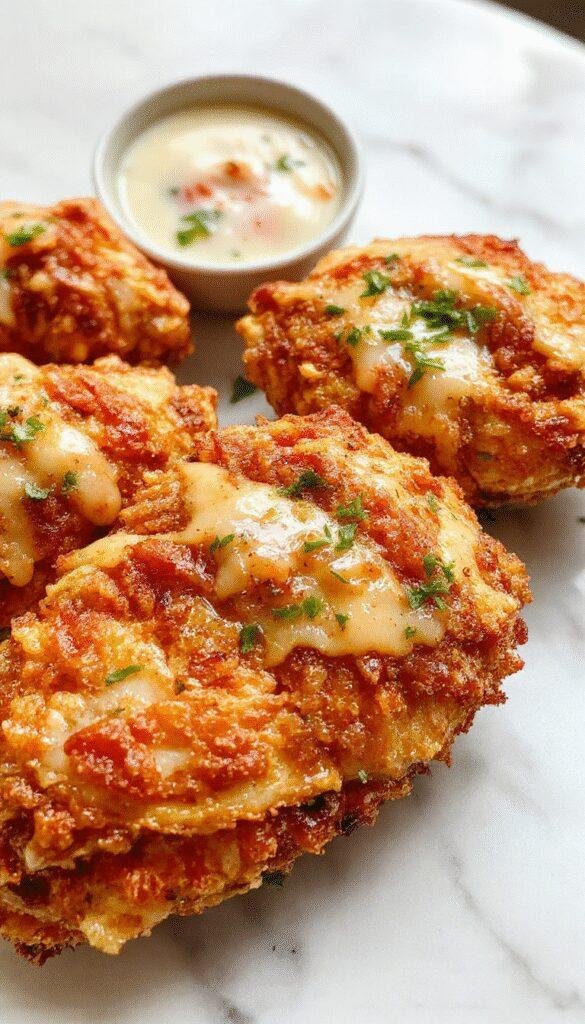 Golden-brown crispy baked chicken tenders arranged on a white plate with a side of fresh greens and dipping sauce, with a textured crispy coating visible, styled beautifully with natural lighting highlighting the crunchy texture and tender interior.