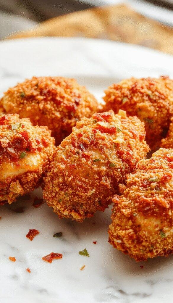 Golden brown crispy baked chicken tenders arranged on a white plate with a side of fresh green salad and dipping sauces, perfectly cooked with a crunchy exterior and tender interior, styled on rustic wooden table with natural lighting.