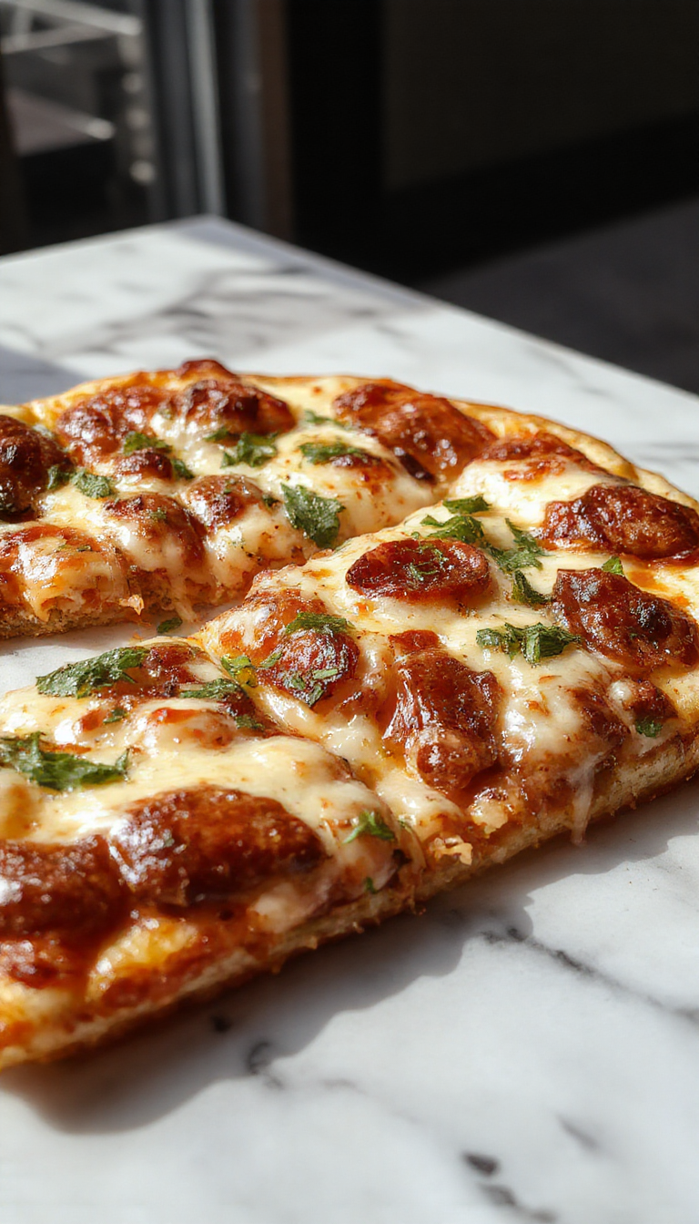 A delicious slice of crustless pizza topped with melted cheese, colorful vegetables, and pepperoni, served on a white plate.