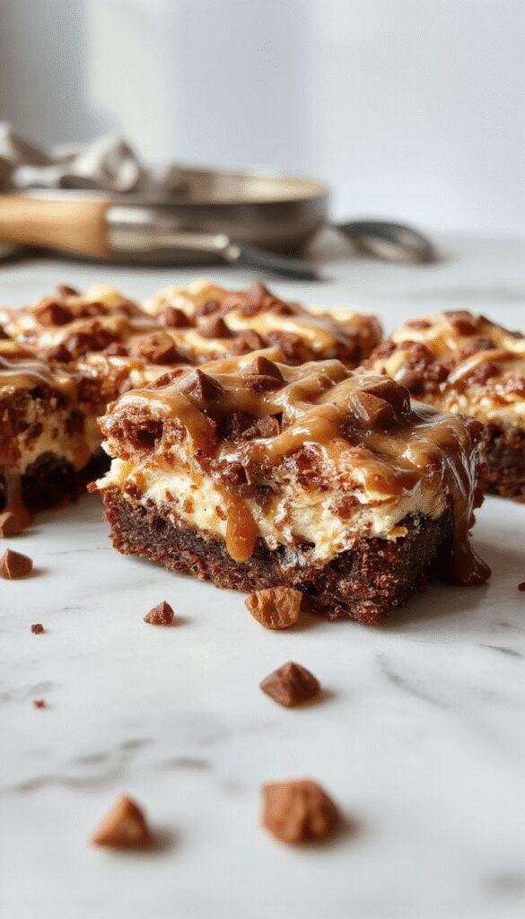 A luscious slice of caramel brownie cheesecake with a glossy caramel glaze draping over the rich chocolate brownie layer and smooth cream cheese topping, garnished with chocolate shavings and caramel drizzle on a stylish white plate, against a soft blurred background.