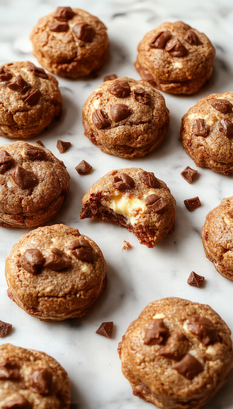 Colorful plate featuring golden-brown cookie bites topped with swirls of creamy cheesecake filling and drizzled with rich chocolate, arranged artfully on a white platter with scattered cocoa powder hints and fresh berries in the background, styled with a touch of elegance and inviting texture.