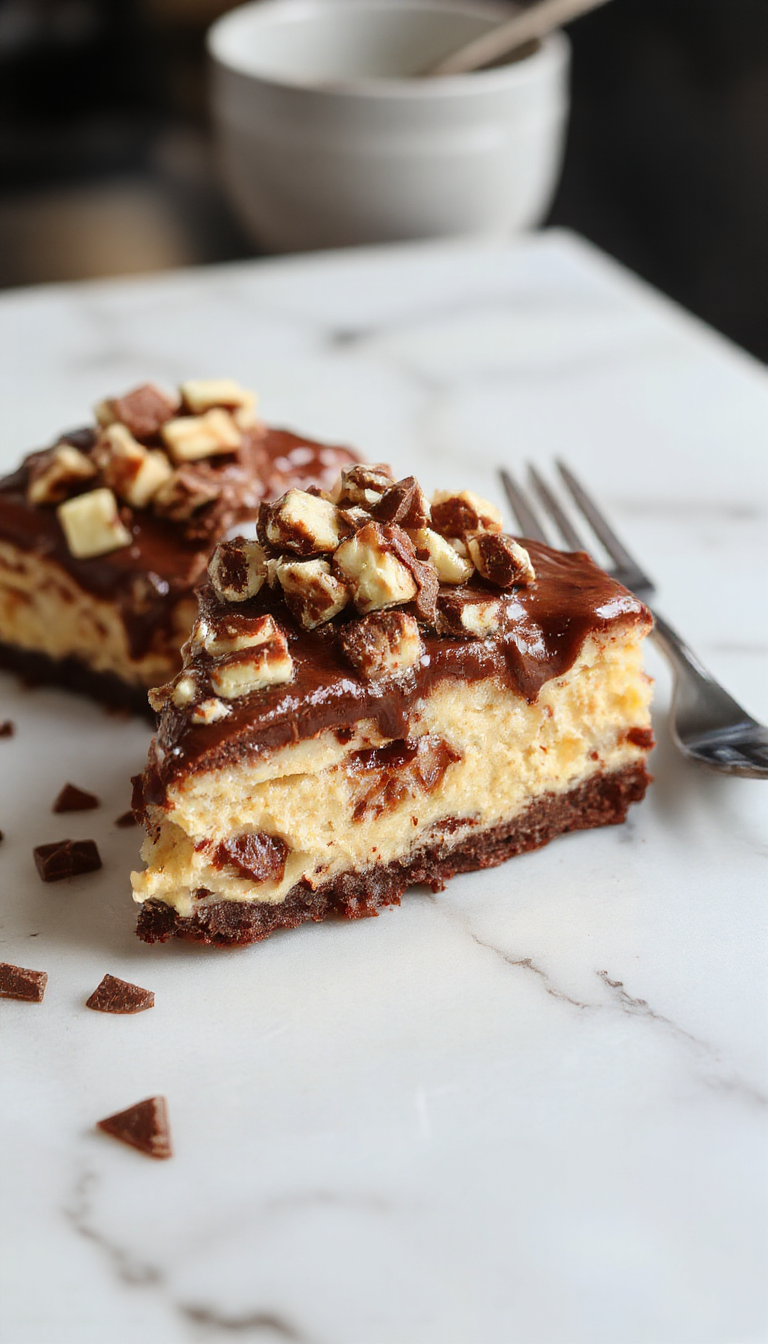 A tall, layered cheesecake cake topped with glossy chocolate ganache, swirls of creamy peanut butter frosting, decorated with chocolate shavings and peanut pieces, set on a rustic wooden platter with a fork and a slice partially sliced, showcasing luscious textures and rich colors of deep brown, creamy beige, and shiny chocolate.