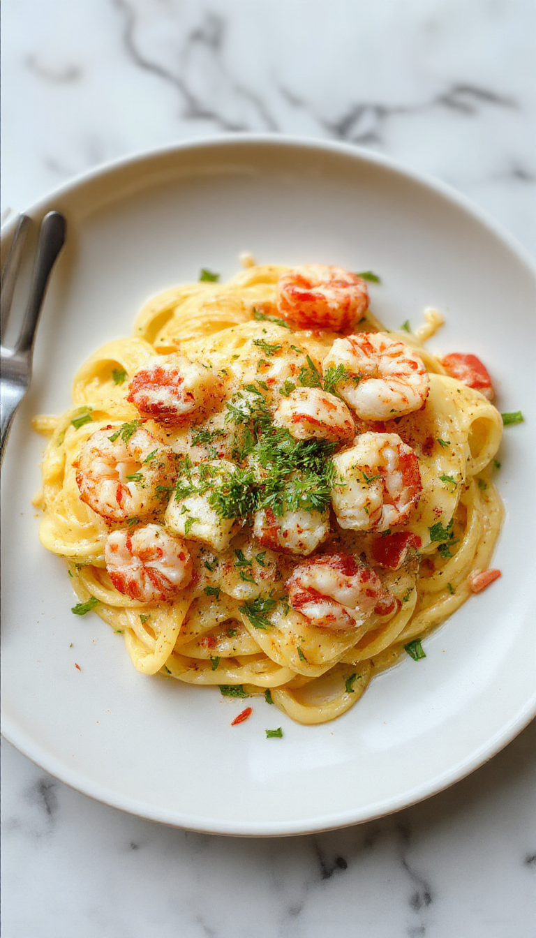 A vibrant plate of creamy lobster pasta featuring tender lobster chunks on a bed of al dente pasta, coated in rich, glossy sauce with fresh herbs, set on a rustic wooden table with a lemon wedge and garnished with chopped parsley, showcasing a luxurious and inviting seafood pasta.