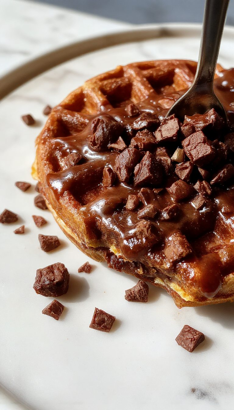 Golden flourless brownie waffles topped with whipped cream and chocolate drizzle, served on a decorative plate.