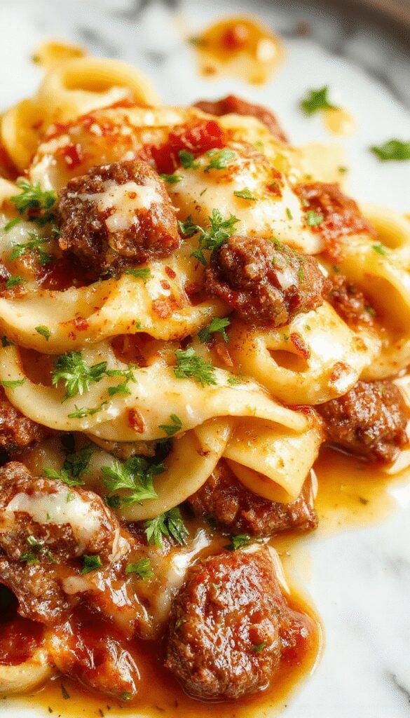 A plate of Decadent Romantic Rigatoni featuring tender beef chunks, topped with melted Parmesan cheese, garnished with fresh herbs, on a rustic wooden table.