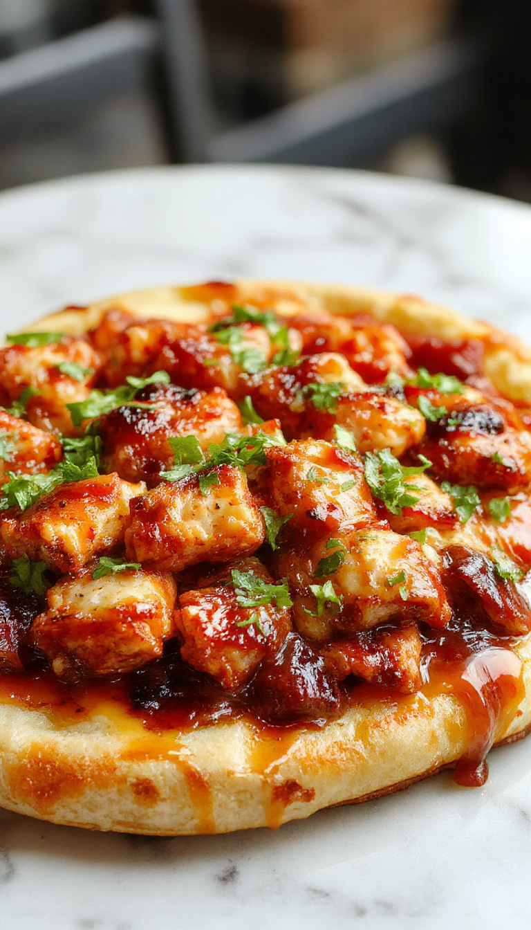 Colorful BBQ chicken flatbread topped with melted cheese, fresh cilantro, and sliced onions on a golden crispy crust. The presentation showcases a rustic wooden board with a vibrant, appetizing look.
