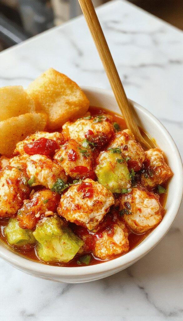 A vibrant chicken bowl featuring golden crispy chicken pieces coated in a creamy spicy sauce, nestled on a bed of fresh lettuce, colorful bell peppers, and shredded carrots. The dish is garnished with sliced green onions and sesame seeds, served on a rustic white plate with a side of crisp vegetables and a drizzle of sauce. The background has a blurred kitchen setting with natural lighting highlighting the textures and colors.